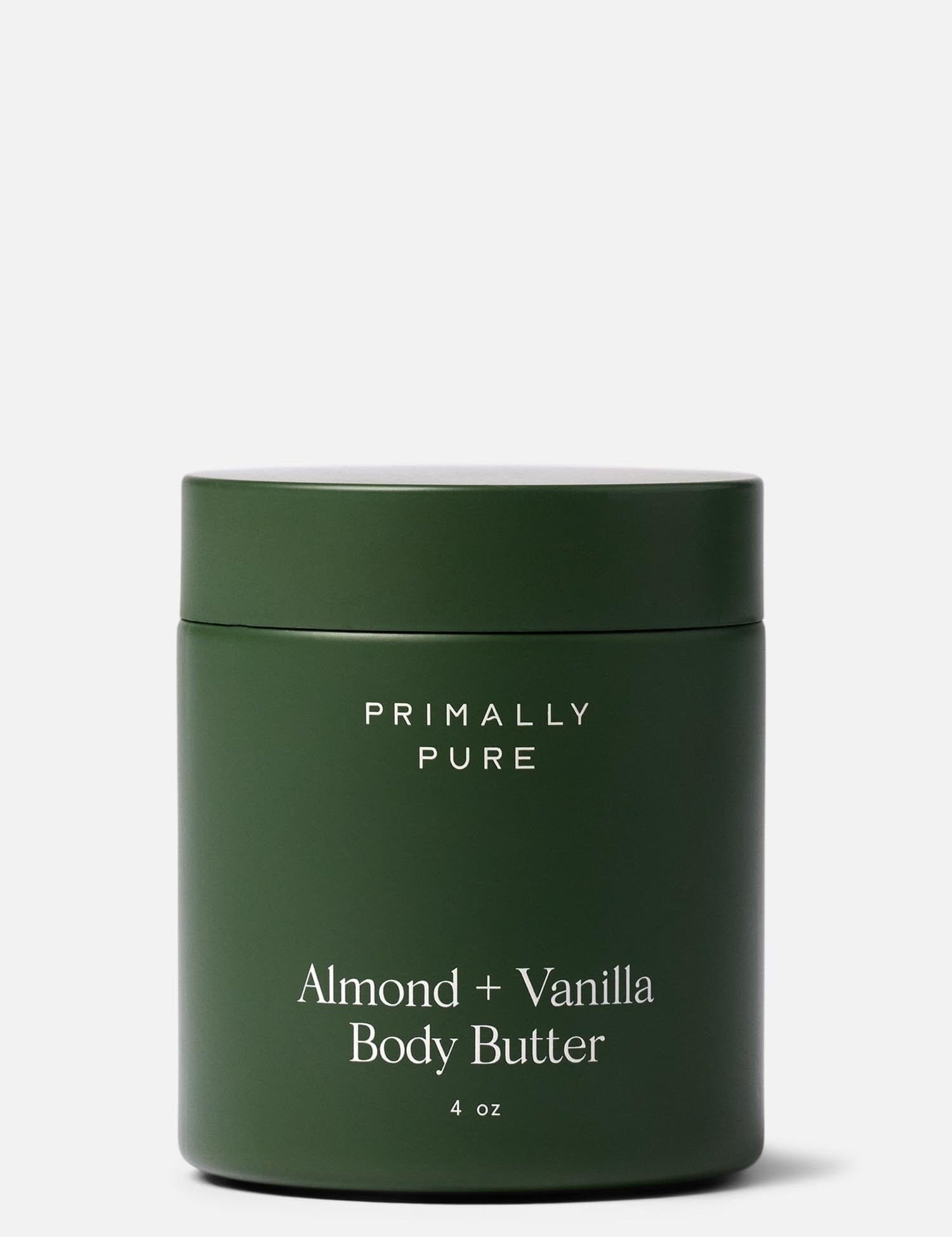 Primally Pure Almond + Vanilla Body Butter in a green 4 oz jar, showcasing the product's minimalist and natural packaging.