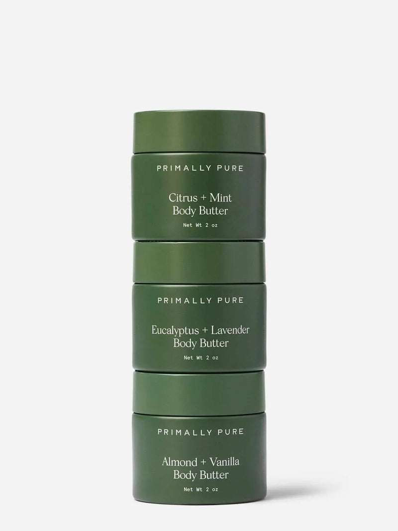 Stack of Mini Body Butter Trio Products Primally Pure body butter containers on a white background