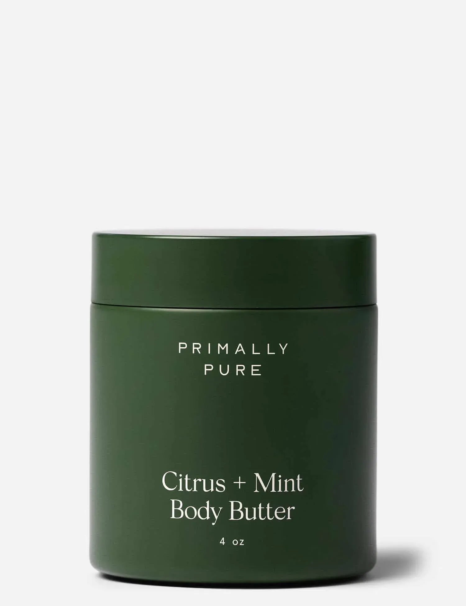 Green jar of Primally Pure Citrus + Mint Body Butter on a white background