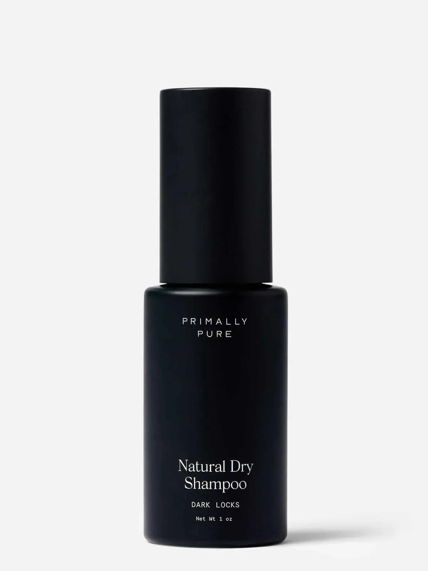 Black bottle of Primally Pure Natural Dry Shampoo for dark hair (Dark Locks) on a white background