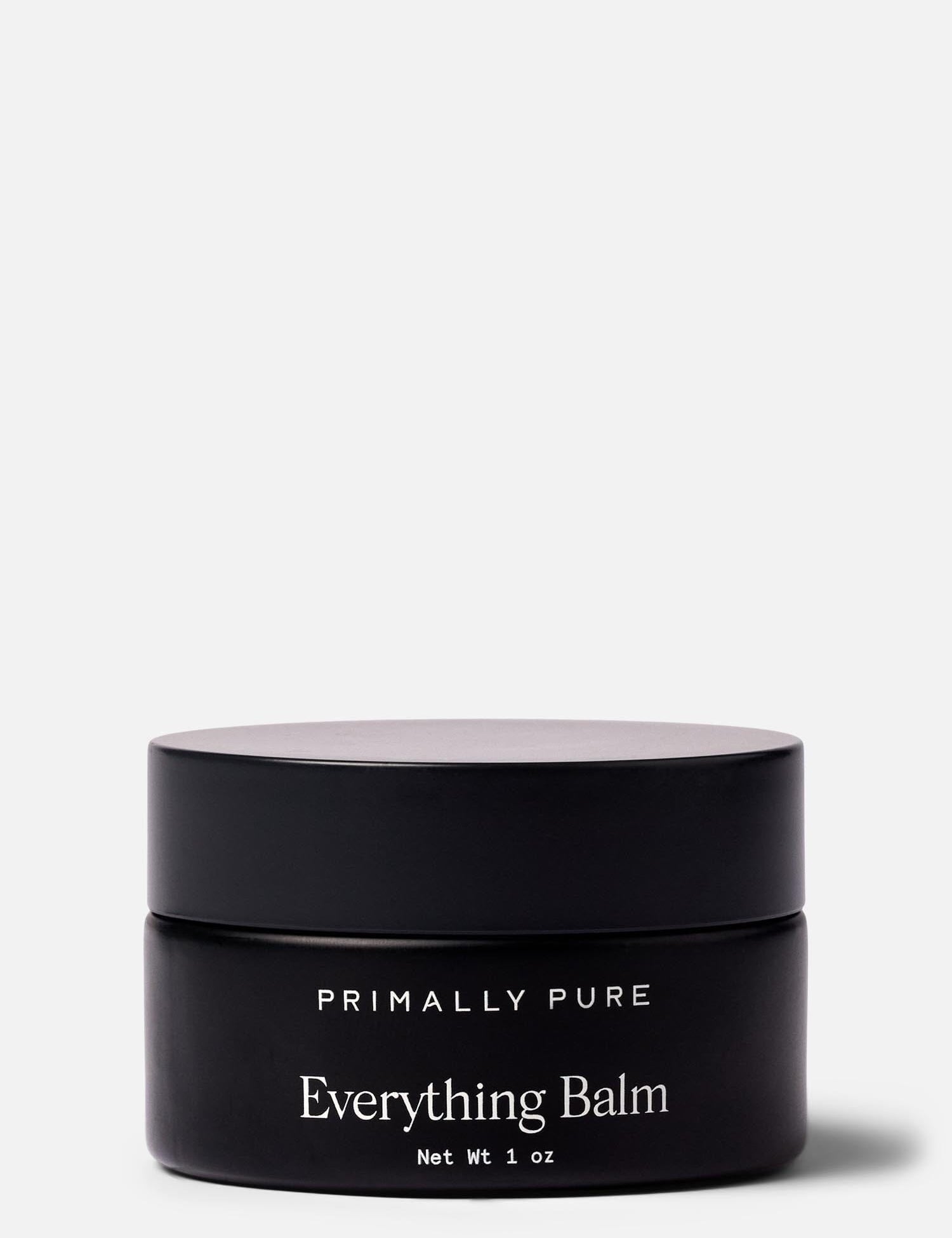 Black jar of Primally Pure Everything Balm, a tallow balm product, on a white background.