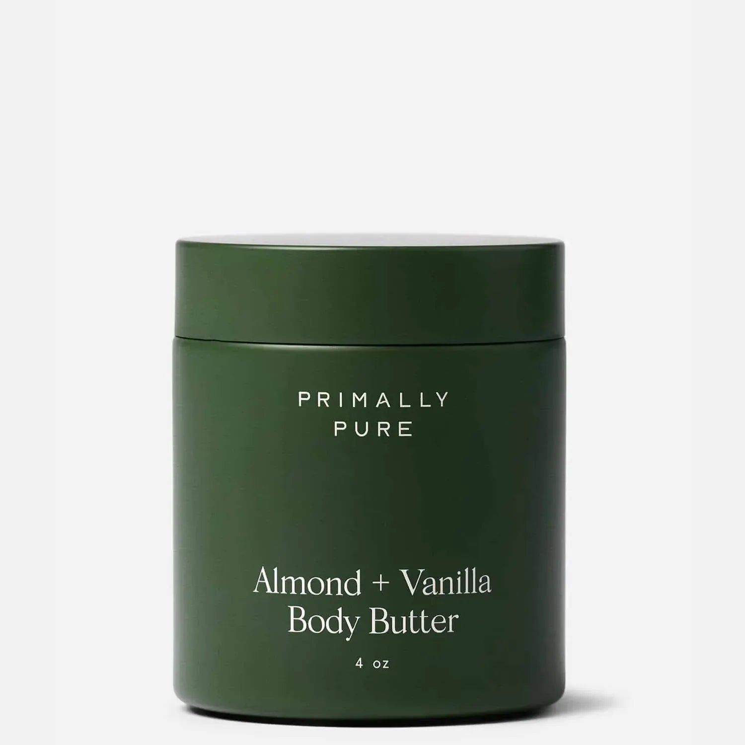 Primally Pure Almond + Vanilla Body Butter in a green 4 oz jar, showcasing the product's minimalist and natural packaging.