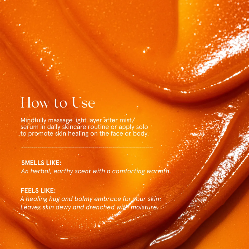 Close-up of Primally Pure Antioxidant Balm Texture with text highlighting skincare benefits