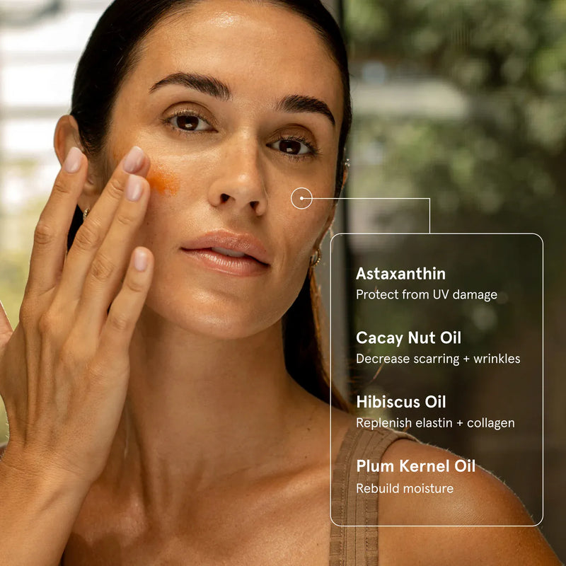Antioxidant Balm Primally Pure on woman's face - Tallow skincare