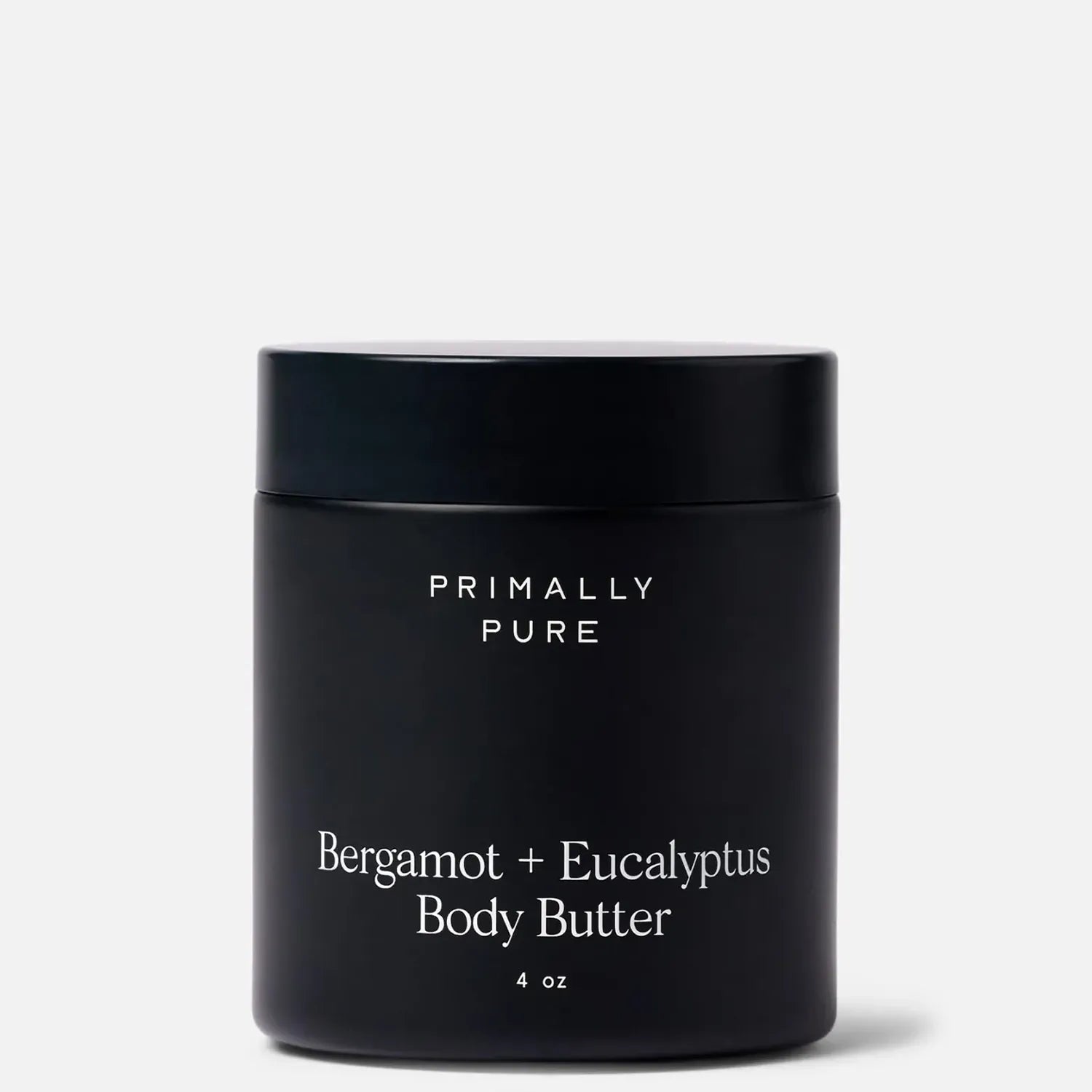 A matte black jar of Primally Pure Bergamot + Eucalyptus Body Butter, Medium Size on a clean white background.