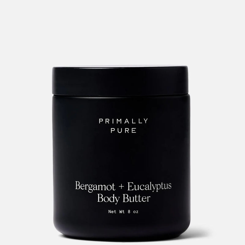 A matte black jar of Primally Pure Bergamot + Eucalyptus Body Butter, 8 oz, on a clean white background.