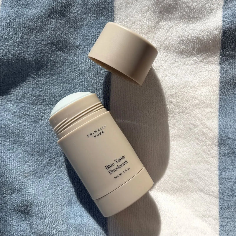 Primally Pure Blue Tansy Deodorant on a striped towel open