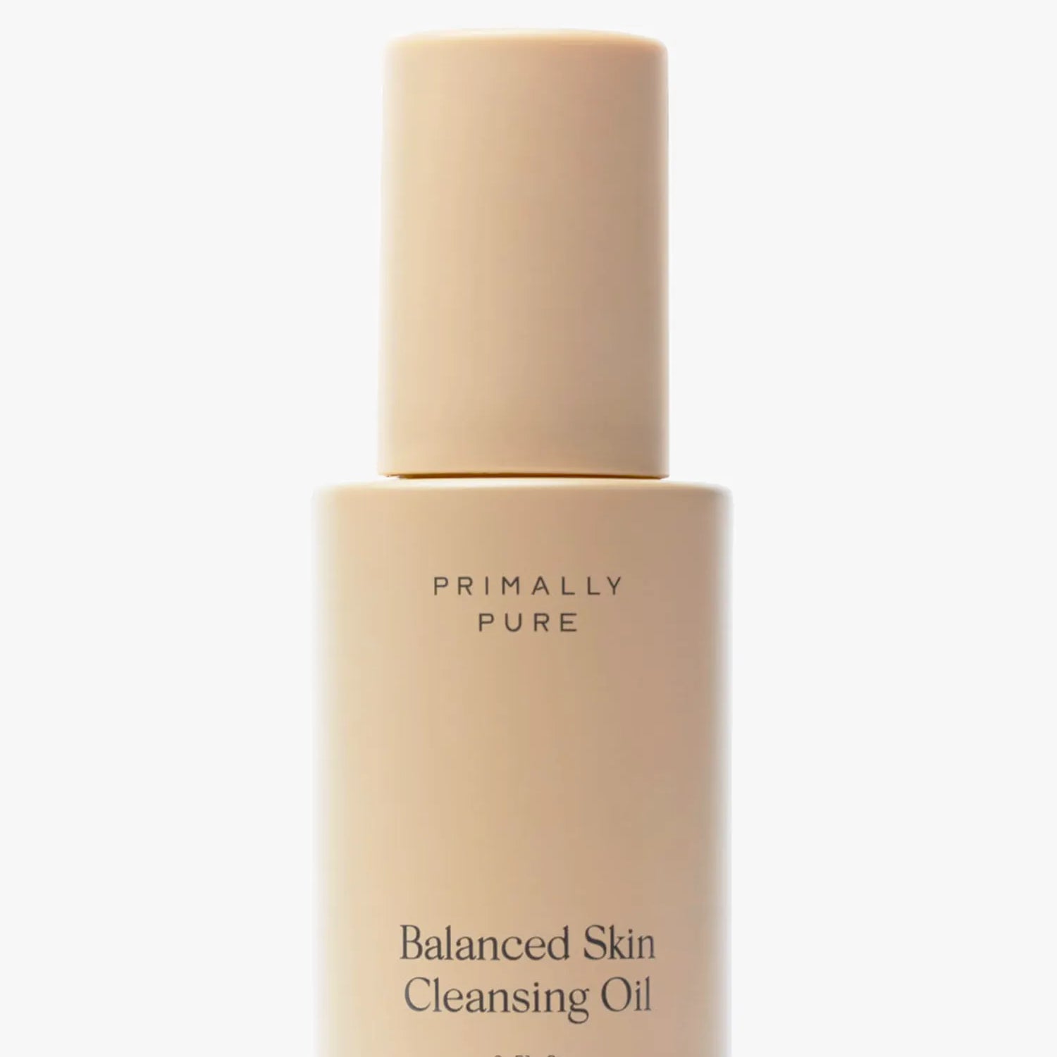 Primally Pure Balanced Skin Cleansing Oil in a matte beige bottle with a matching cap, centered on a clean white background.