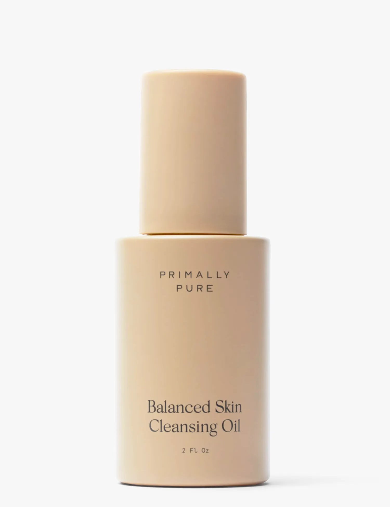 Primally Pure Balanced Skin Cleansing Oil in a matte beige bottle with a matching cap, centered on a clean white background.