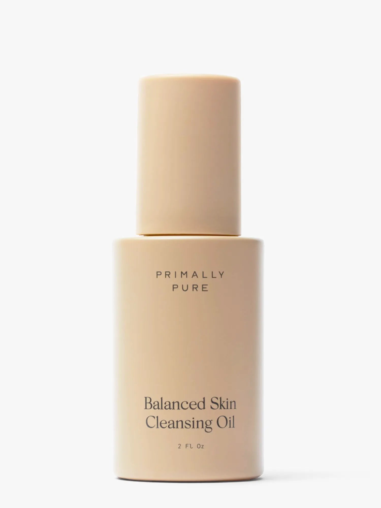 Primally Pure Balanced Skin Cleansing Oil in a matte beige bottle with a matching cap, centered on a clean white background.