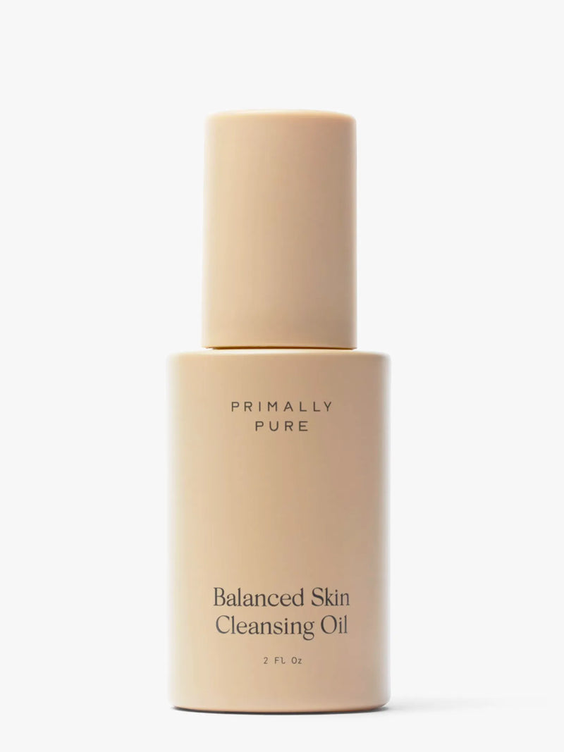 Primally Pure Balanced Skin Cleansing Oil in a matte beige bottle with a matching cap, centered on a clean white background.