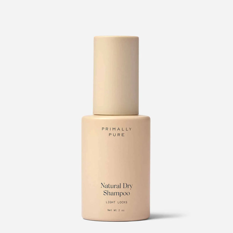 Beige bottle of Primally Pure Natural Dry Shampoo for light hair (Light Locks) on a white background
