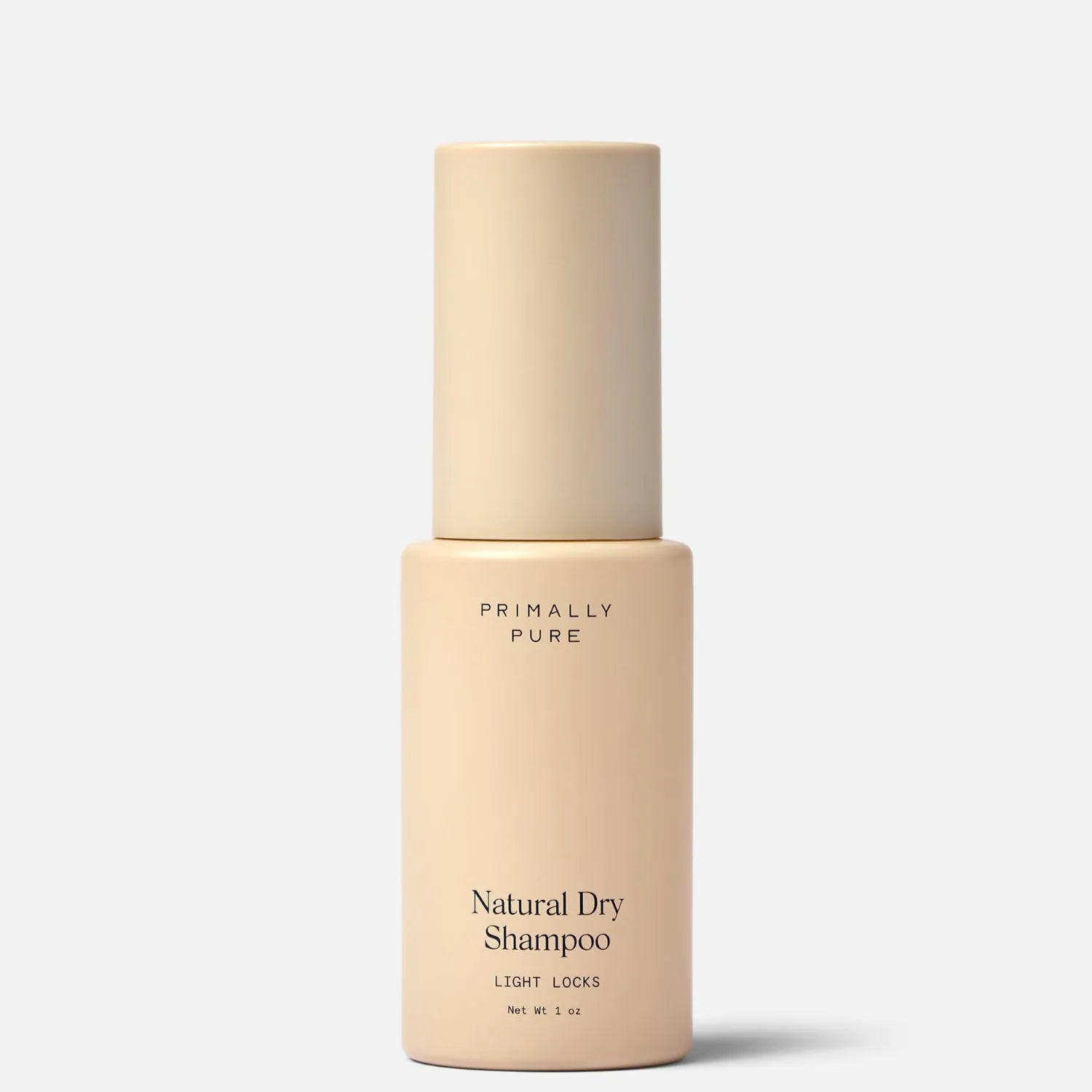 Beige bottle of Primally Pure Natural Dry Shampoo for light hair (Light Locks) on a white background