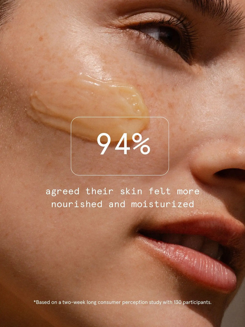 Primally Pure Everything Tallow Balm on woman's face. Text overlay shows 94% of users agreed skin felt more nourished and moisturized.