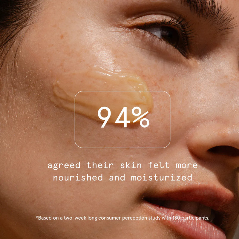 Primally Pure Everything Tallow Balm on woman's face. Text overlay shows 94% of users agreed skin felt more nourished and moisturized.