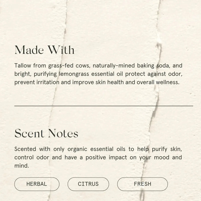 Lemongrass Deodorant Deodorant Primally Pure - Best natural deodorant Made with tallow from grass-fed cows and organic essential oils to control order and purify skin