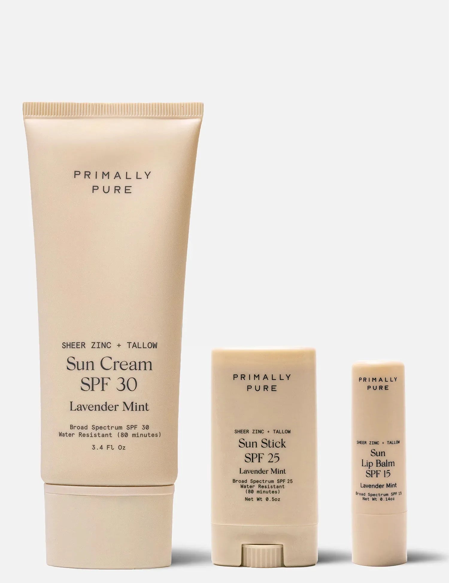 Three Primally Pure tallow-based mineral sunscreen products on a white background