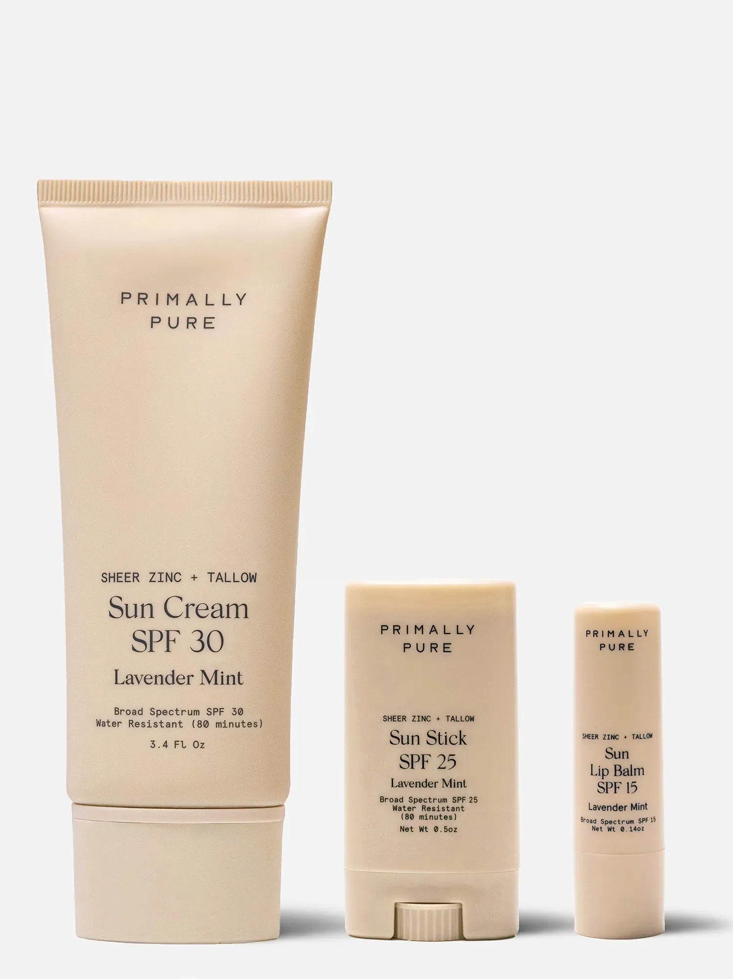 Three Primally Pure tallow-based mineral sunscreen products on a white background