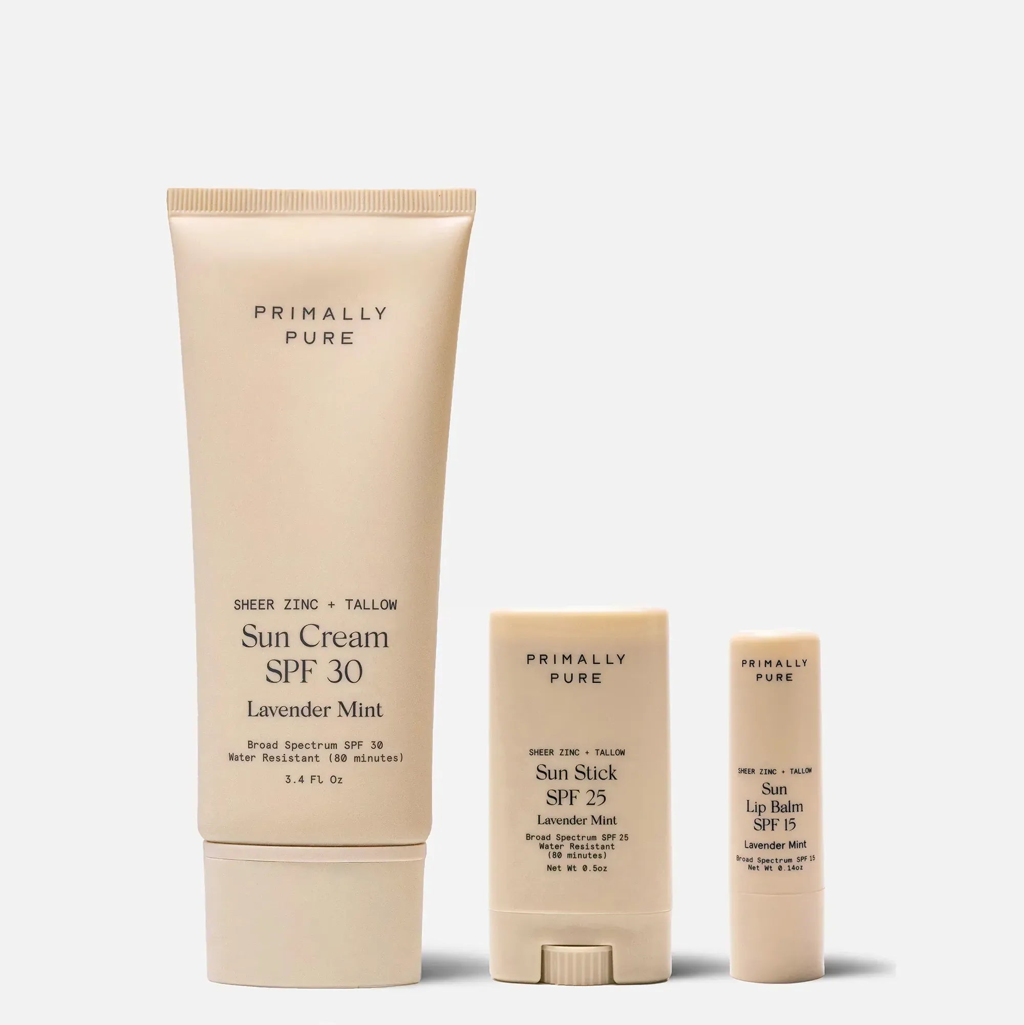 Three Primally Pure tallow-based mineral sunscreen products on a white background