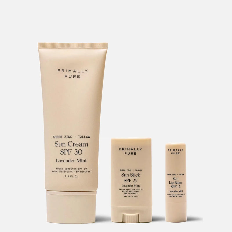 Three Primally Pure tallow-based mineral sunscreen products on a white background