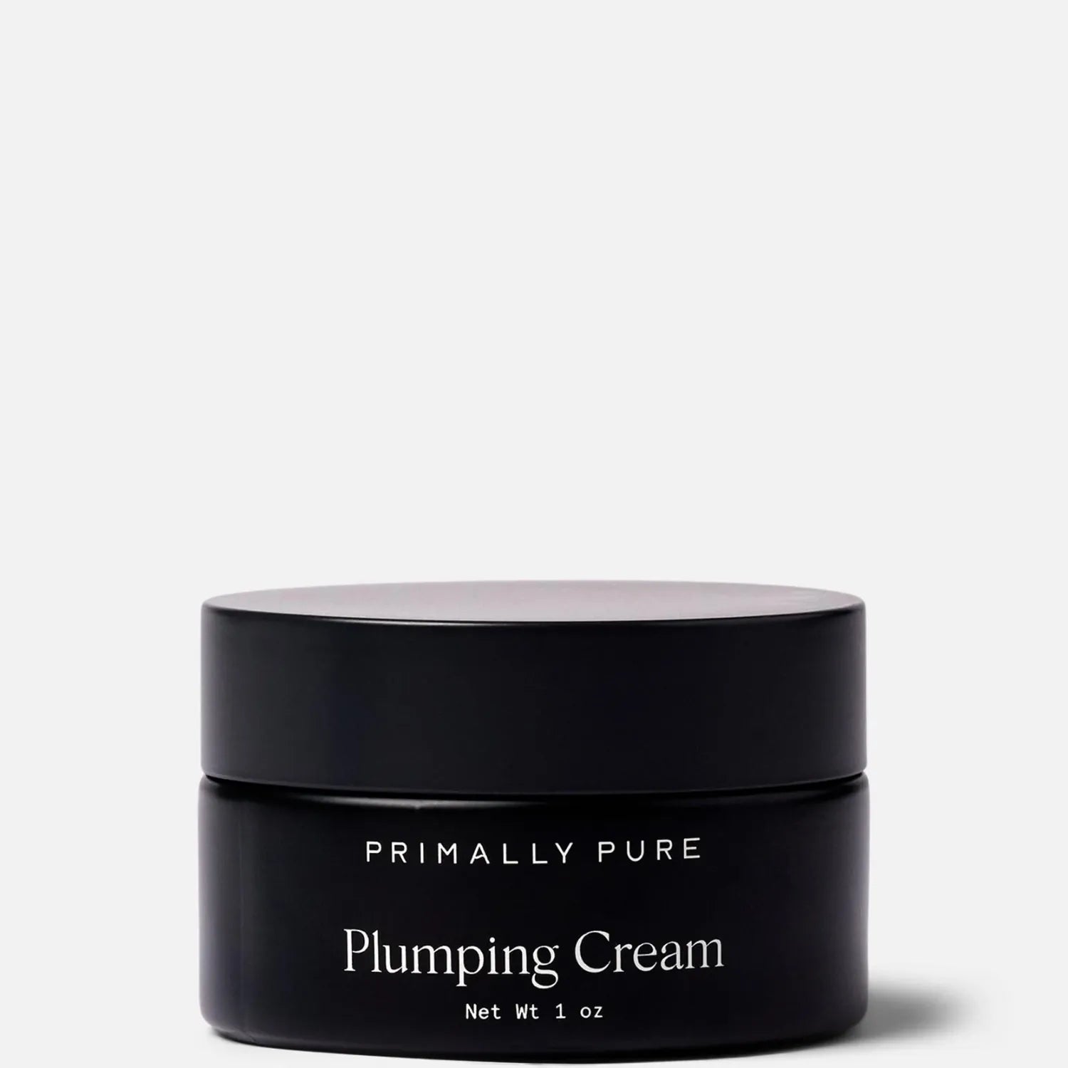 Black jar of Primally Pure Plumping Cream on a white background