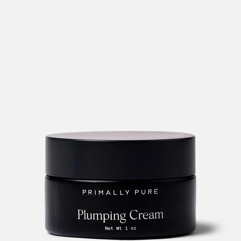 Black jar of Primally Pure Plumping Cream on a white background