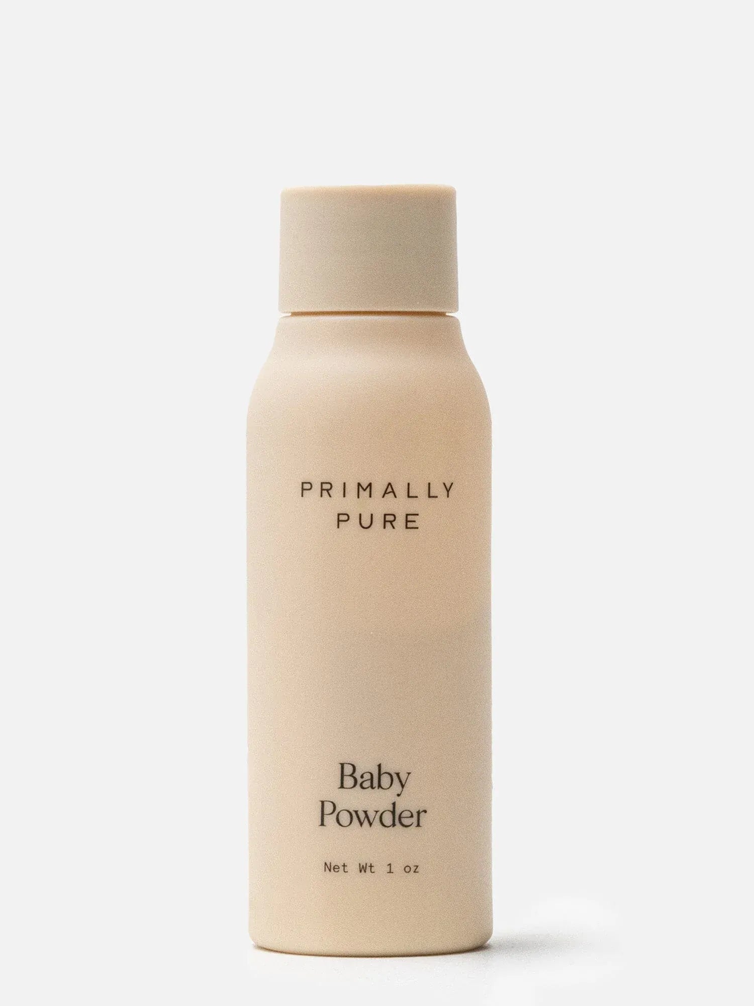 Beige bottle of Primally Pure Baby Powder Talc Free Baby Powder on a white background