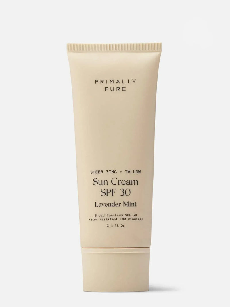 Tube of Primally Pure Tallow Based Mineral Sun Cream SPF 30 Lavender Mint on a white background