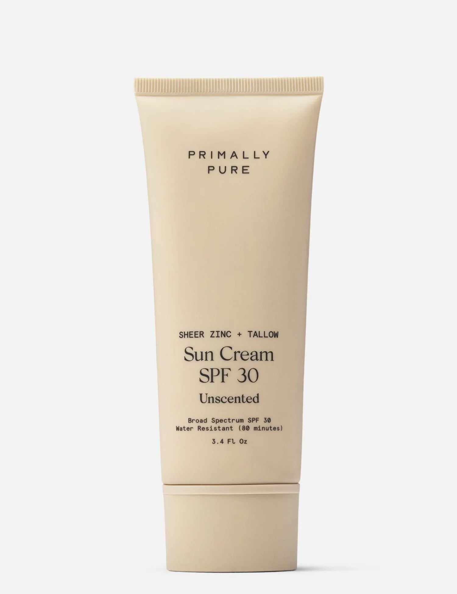 Tube of Primally Pure Tallow Based Mineral Sun Cream SPF 30 Unscented on a white background