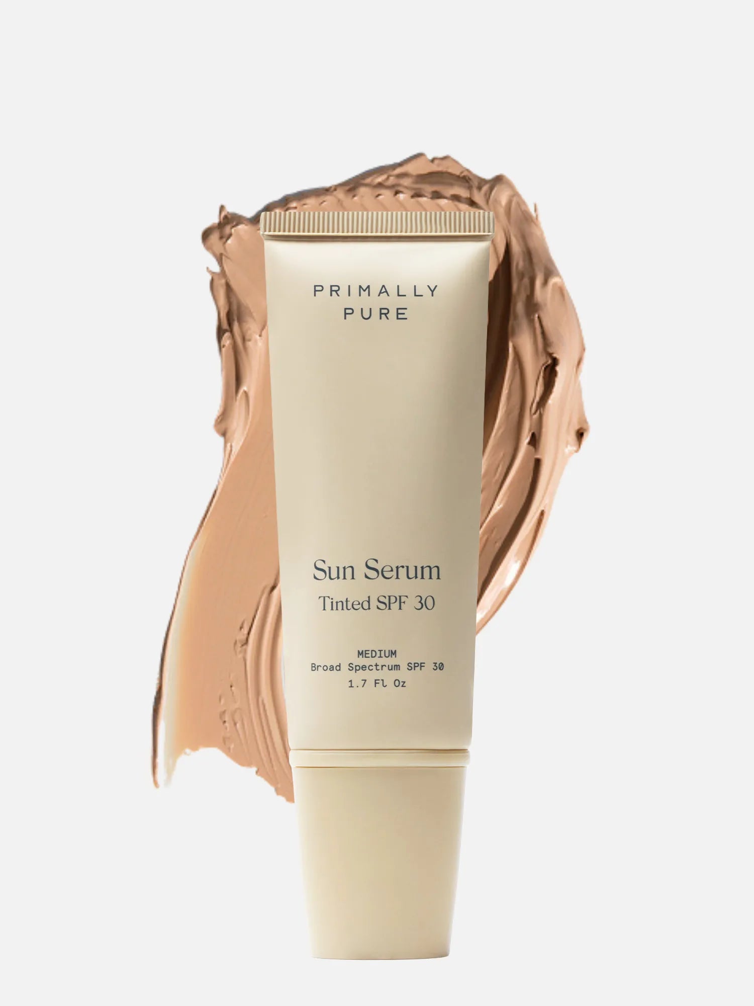 Primally Pure Sun Serum Tinted SPF 30 on a light gray background with a texture swatch behind the product