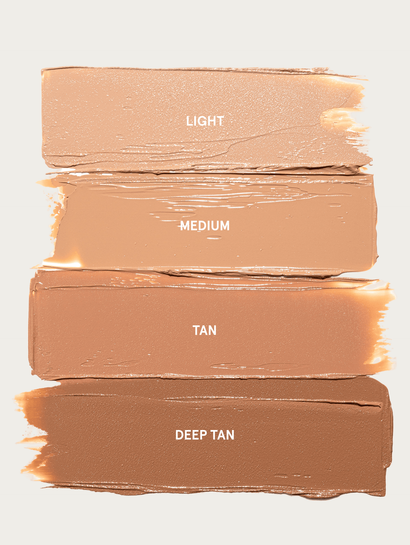 Stack of Sun Serum SPF 30 swatches labeled 'Light', 'Medium', 'Tan', and 'Deep Tan' on a light background.
