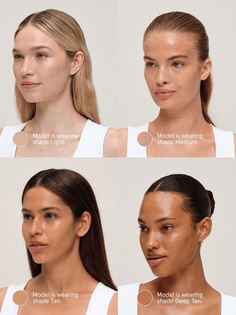 Four women with different skin tones wearing Primally Pure Sun Serum SPF 30 in the four available shades on a neutral background