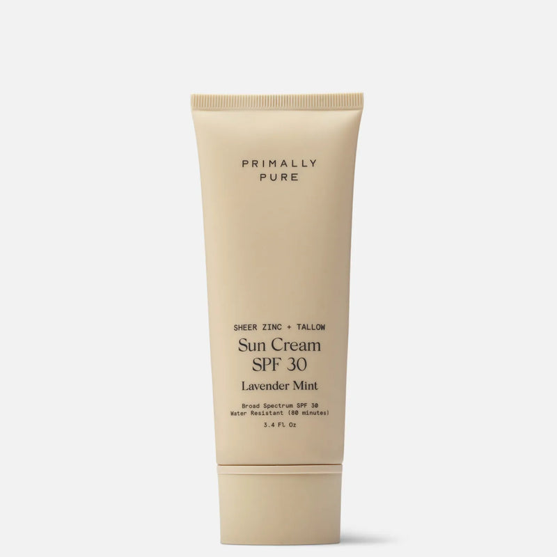 Tube of Primally Pure Tallow Based Mineral Sun Cream SPF 30 Lavender Mint on a white background