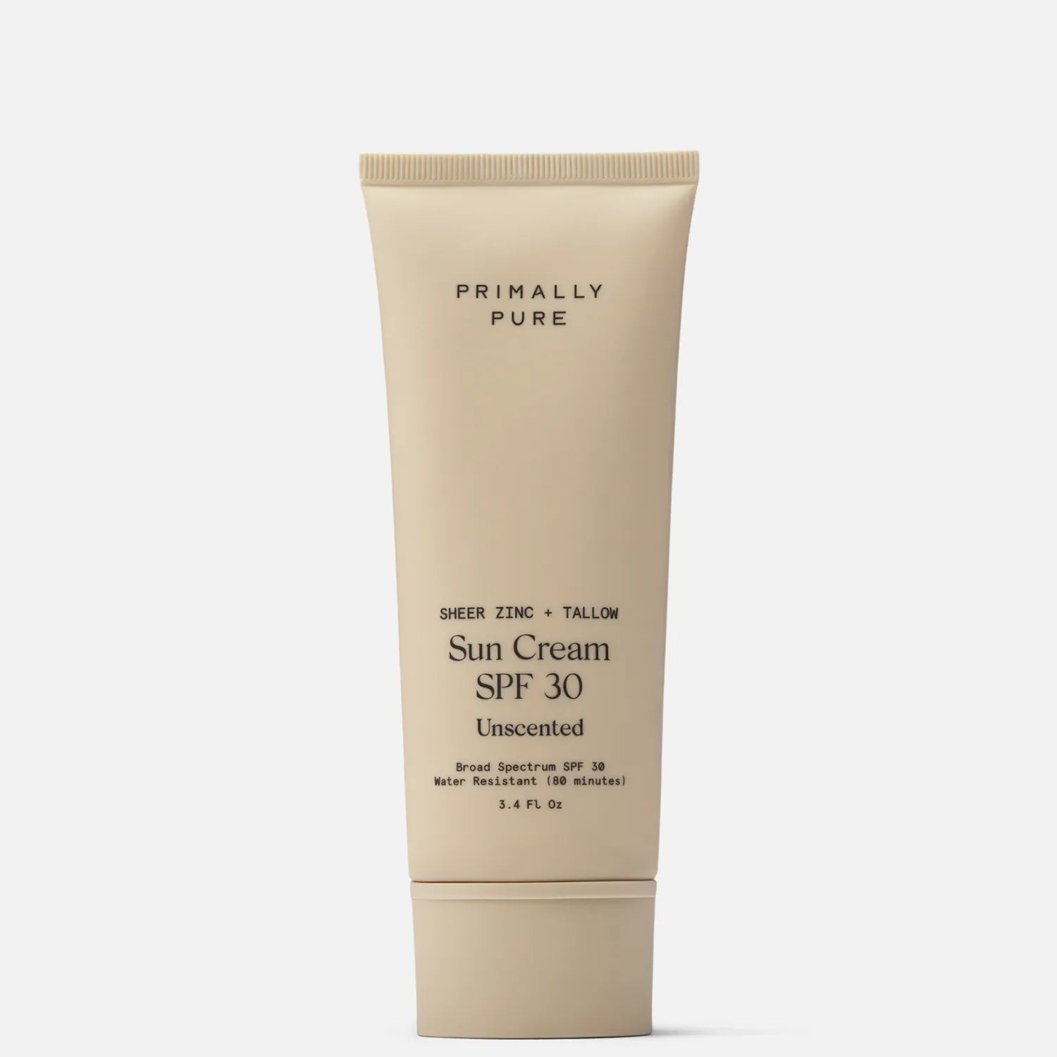 Tube of Primally Pure Tallow Based Mineral Sun Cream SPF 30 Unscented on white background